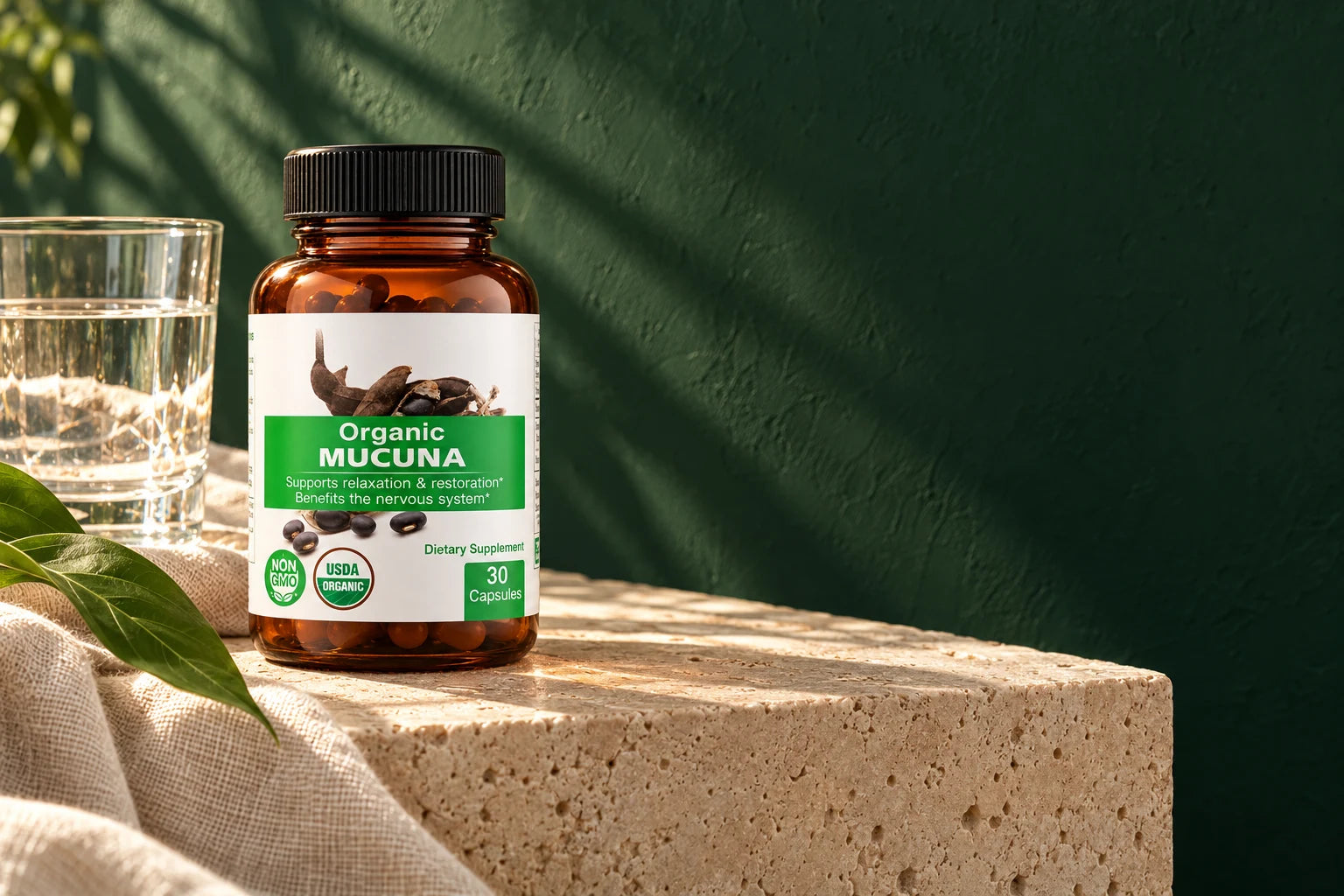 Mucuna bottle alongside water and linen