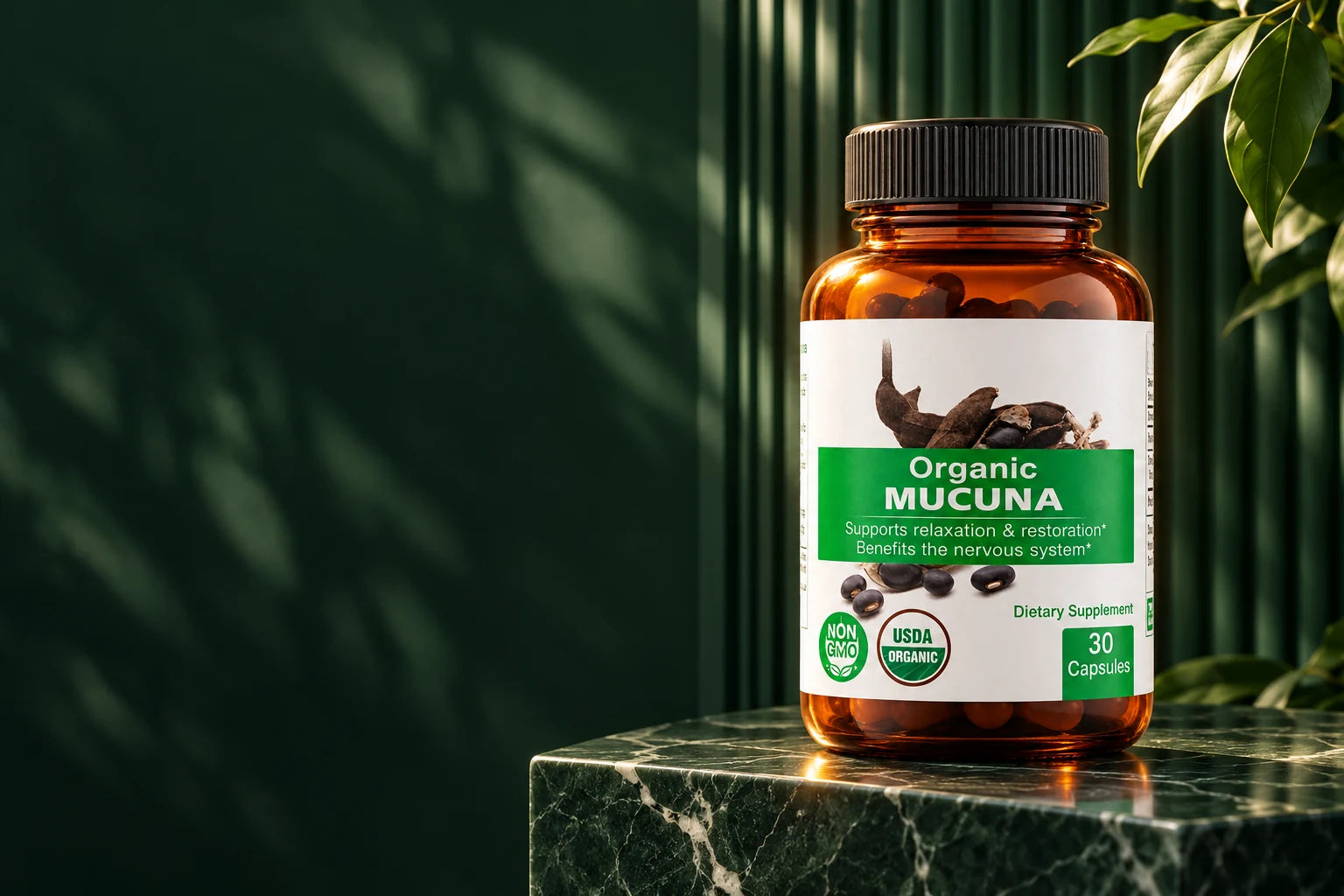 Mucuna bottle on forest green marble